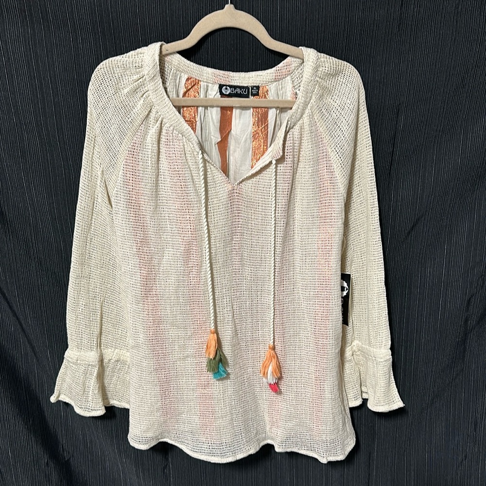 Baku‎ Boho Cotton Mesh Tassel Tunic Top Sz XL -NWT/ V-33